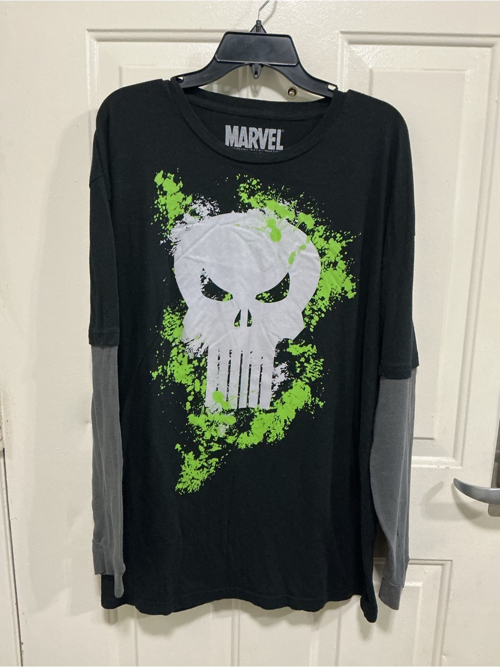 Marvel Black Long-Sleeve Punisher Skull Tee with Green Accents